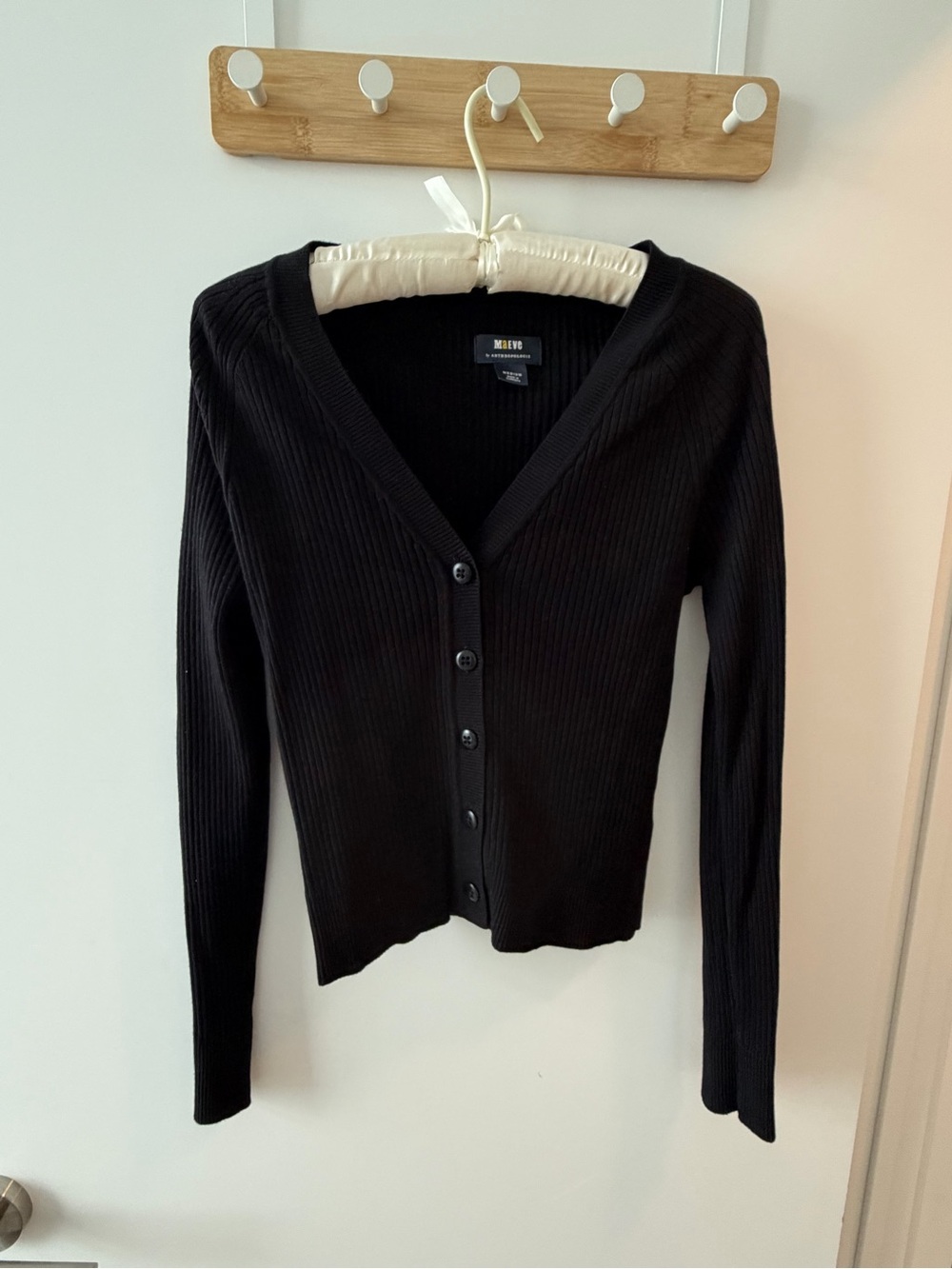 Anthropologie Black Ribbed V-Neck Button Cardigan